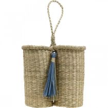 Bottle holder made of seagrass, braided bottle basket, balcony decoration, decorative basket for hanging nature, blue H20cm W22cm