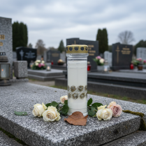 Product Grave candle white roses gold mourning light Ø7cm 23.5cm 100h 2pcs