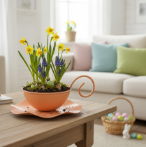 Product Metal decorative cup, orange, Ø11.5cm, H6cm, with saucer, 2 pieces