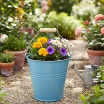 Product Blue metal bucket planter with wooden handle, 26x22.5x23cm