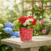 Product Red and white mini flower pot, floral design, metal, Ø10.5cm H10.5cm