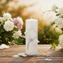 Product Festive wedding candle with a stylish heart design, silver embellishments and organza ribbon – ideal for weddings and silver wedding anniversaries, 240/80mm