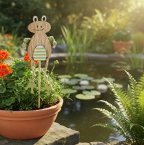Product Flower Pot Stakes Frog Wood Green Natural 3.5x7cm 12pcs