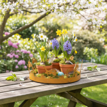 Product Decorative tray, table decoration with birds, spring decoration, rusted metal, Ø20cm H8.5cm