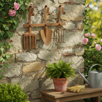 Product Hook rail for garden tools, garden decorations, rake, spade, and hoe; metal coat rack made of rusted metal, L33.5cm
