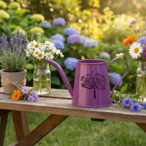 Product Decorative Watering Can, Purple Metal, Boho Design, Dandelion Design, 12cm High, 2 Pieces