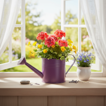Product Decorative watering can, purple metal planter, Ø13.5cm H12.5cm