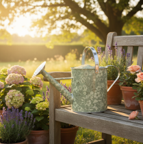 Product Metal watering can, vintage look, green and silver with floral pattern - decorative planter, Ø18cm