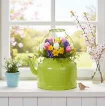 Product Decorative metal teapot, apple green - flower pot - Ø20cm H15cm - versatile garden decoration and gift idea