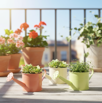 Product Decorative watering can set in pastel salmon, green, yellow-green - metal planter Ø11cm H10cm, 8 pieces