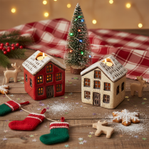 Product Ceramic candle holder, decorative house with snow for table decoration, 7cm, 2 pieces