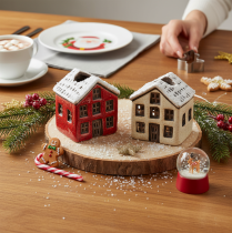 Product Ceramic candle holder, decorative house with snow for table decoration, 7cm, 2 pieces
