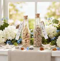 Product Glass bottle decoration with shells and pendant, maritime table decoration, 17cm, 2 pieces