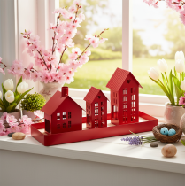 Product Metal Tealight Holder Houses Red with Tray 35cm 1 Set