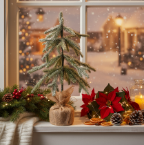Product Artificial plant with snow, LED Christmas tree in a jute sack, battery operated, for indoor use, 50cm