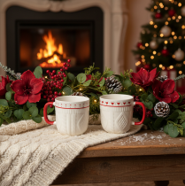 Product Coffee mug with red handle, knitted pattern and heart decoration, ceramic, 9cm, 2 pieces