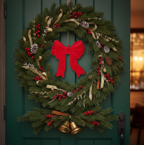 Product Decorative red bow for hanging, flocked Christmas decoration, 22cm