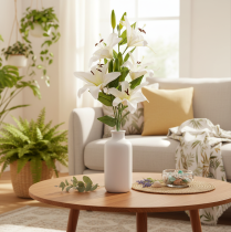 Product Artificial lilies, 6 white blossoms, realistic flowering branch, 66cm