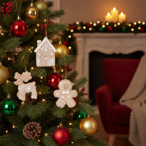 Product Christmas ornaments, honey cake design, reindeer, gingerbread man, snowflake, 7cm, 4 pieces