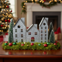Product Christmas window decoration, lantern, diorama of a row of houses, silver metal decoration, shabby chic, L20cm H20cm