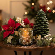 Product Glass tealight holder with winter fir branch, 8cm, 2 pieces