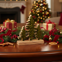 Product Christmas tree decoration on a wooden base for table and shelf, 20cm