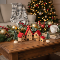 Product Wooden decorative house set with red roofs and fir trees, 12cm, 6 pieces