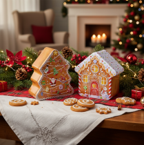Product Christmas tin, cookie tin, Christmas tree and house, gingerbread look, 14cm, 2 pieces
