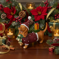 Product Decorative dachshund figurine with gift package and hat, 18cm