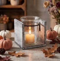 Product Glass tealight holder in a rustic wooden frame – grey and white, 10x9x10cm – Charming table decoration