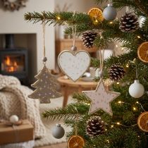 Product Christmas ornaments, stars, trees, hearts, wooden decoration, vintage Scandinavian style, 6 pieces