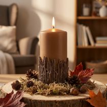 Product Pillar candle with branch decoration, wax, brown caramel, 150/70mm