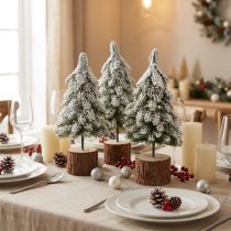 Product Mini Christmas Tree Wooden Base Green White Ø8cm H18cm 3pcs