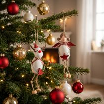 Product Christmas figurines, angel and reindeer, for hanging, white, red, Ø4.7cm, H20/18cm, 2 pieces