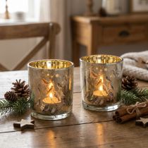 Product Glass tealight holder with bird and snowflake motif, 8cm, 2 pieces