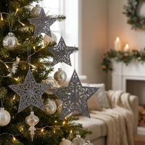 Product Christmas star with ornaments silver grey assorted 8cm - 12cm 9 pcs