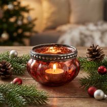 Product Tealight glass antique red silver with metal rim Ø6cm H3.5cm