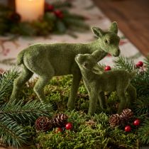 Product Deer Decoration Figures Christmas Green Flocked Deer with Fawn in Set H9/5.5cm 4 Pcs