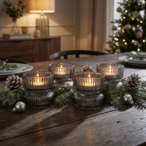 Product Glass tealight holder, decorative, ribbed, grey tinted, Ø9cm, H7cm, 4 pieces