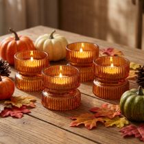 Product Glass tealight holders, ribbed, decorative, orange, Ø9cm, H7cm, 4 pieces
