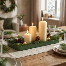 Product Decorative rectangular tray, green, metal, wooden base, 41×14cm