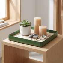 Product Decorative tray metal square green wooden base 25.5×25.5cm