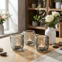 Product Glass tealight holders in grey with a ribbed design, 8cm, 6 pieces