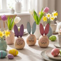 Product Wooden rabbit decorative figures with faces for playful accents on tables and shelves, 14cm, 3 pieces