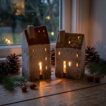 Product Ceramic house decoration with chimney, tealight house, autumn and winter, 13cm, 2 pieces