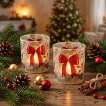 Product Glass votive candle holder with Christmas branches and red ribbon, 8cm, 2 pieces
