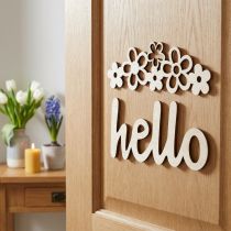 Product Wooden decoration flowers "Hello" nature deco sign with magnet 18/19.5cm 6pcs