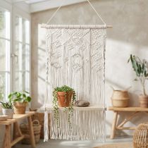 Product Boho Macrame Plant Hanger, Hanging Decoration, Window Decoration with Flower Swing Board, 40x15cm, in Natural White