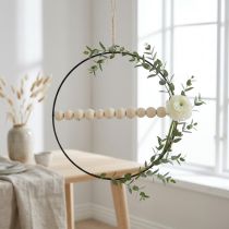 Product Decorative ring, metal, wooden beads, Ø30cm, black, white, natural, set of 4