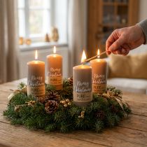 Product Advent candles "Merry Christmas" - natural wax pillar candles in brown, set of 4, Ø60mm, height 130mm, RAL quality mark, decorative Christmas candles